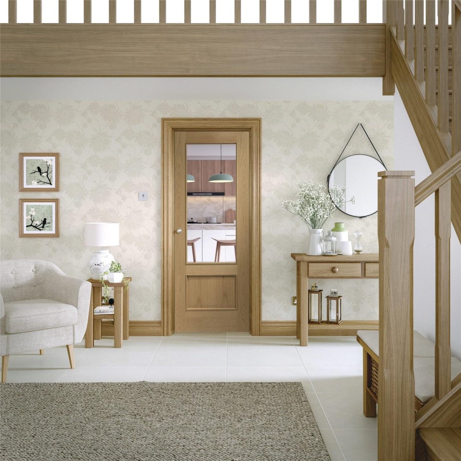 Internal Oak Andria with Clear Bevelled Glass and Raised Mouldings - Unfinished, 1981 x 838 x 35 mm
