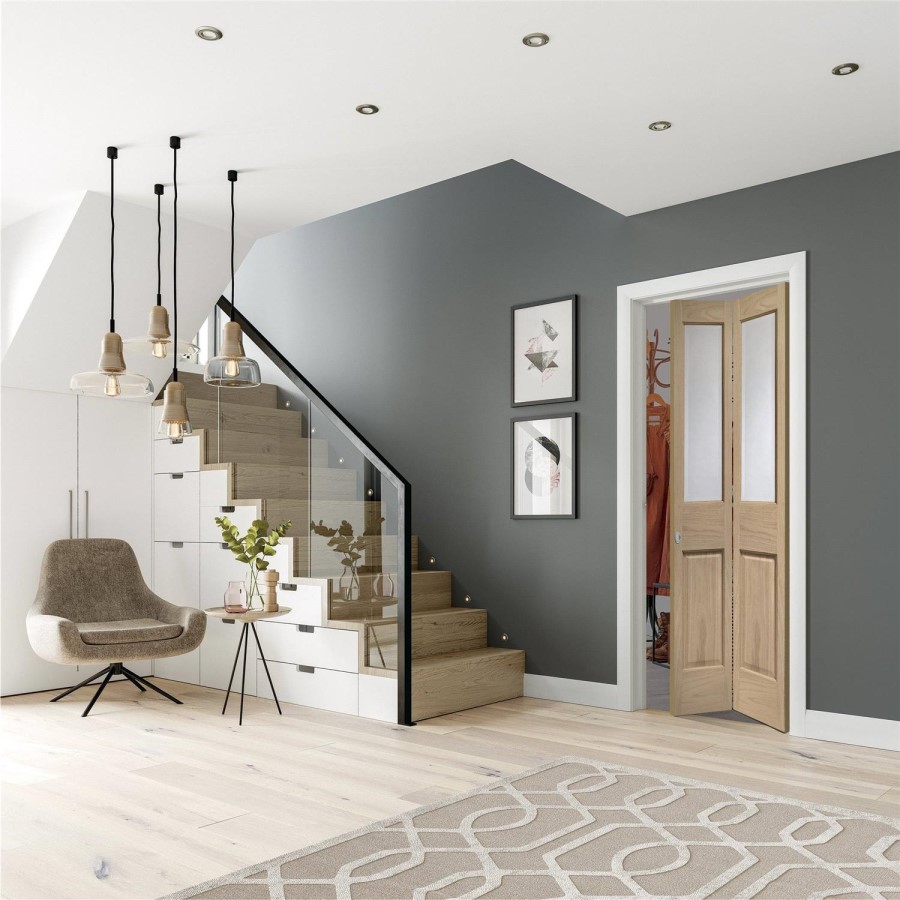 Internal Oak Malton Bi-Fold with Clear Bevelled Glass - Unfinished, 1981 x 686 x 35 mm