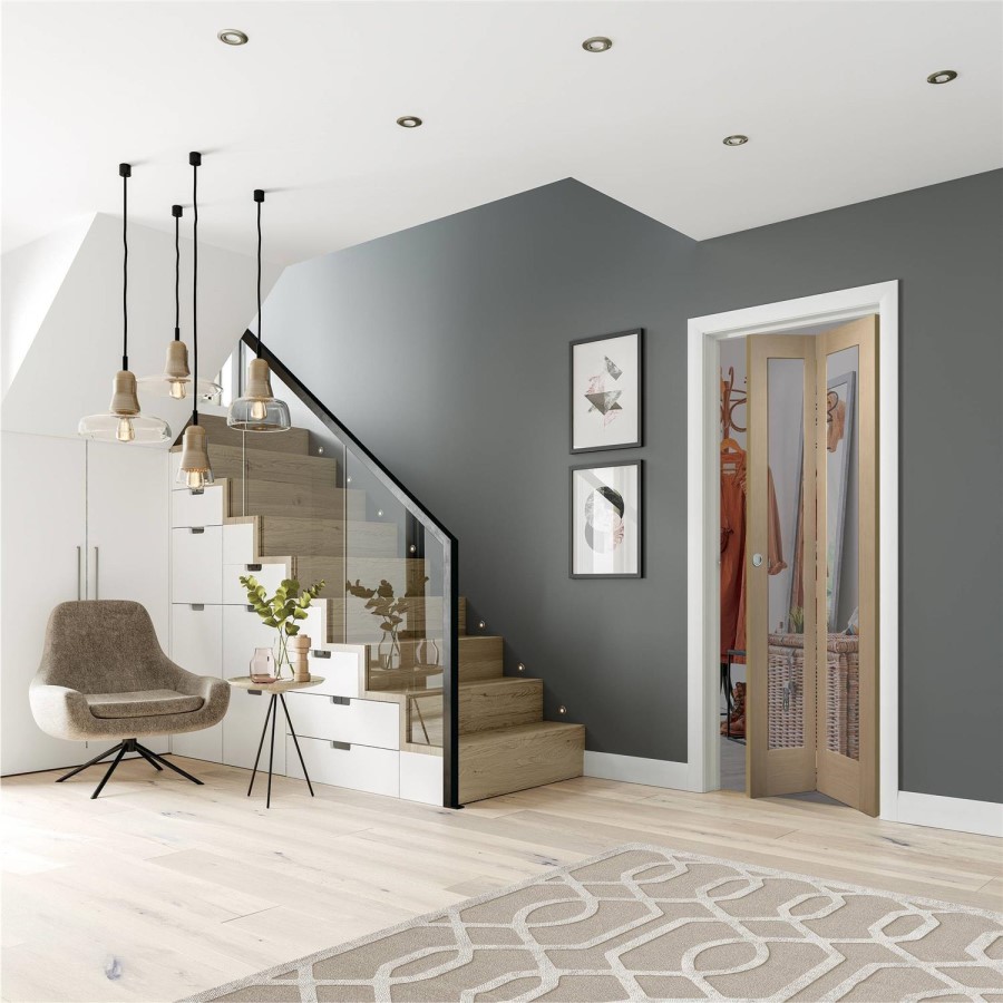 Internal Oak Fully-Glazed Bi-Fold Door with Clear Glass - Unfinished - 1981 x 686 x 35mm - Pattern 10 - XL Joinery