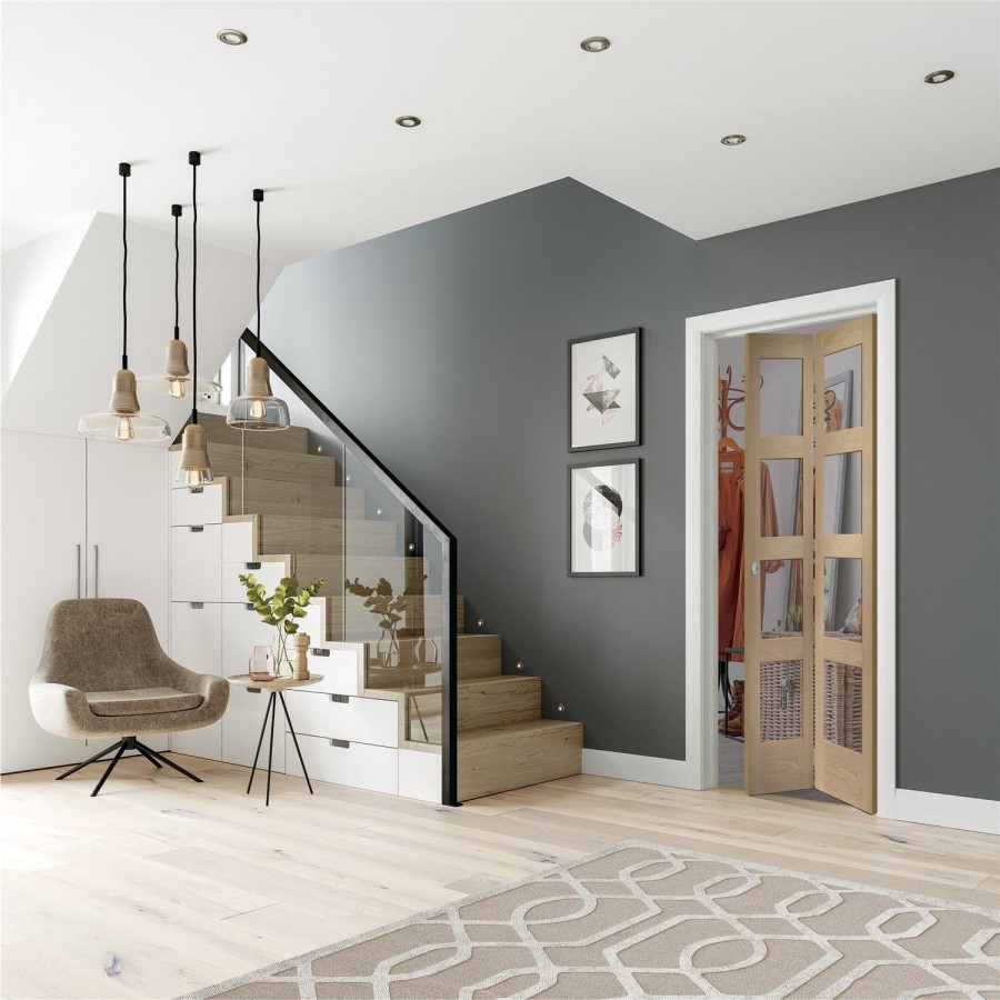 Internal Oak Shaker 4 Panel Bi-Fold Door with Clear Glass - Unfinished, 1981 x 686 x 35 mm