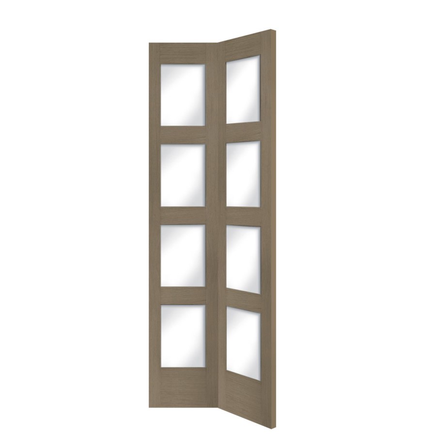 Internal Oak Shaker 4 Panel Bi-Fold Door with Clear Glass - Unfinished, 1981 x 762 x 35 mm