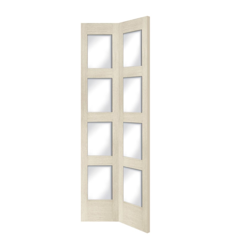 Internal Oak Shaker 4 Panel Bi-Fold Door with Clear Glass - Unfinished, 1981 x 762 x 35 mm