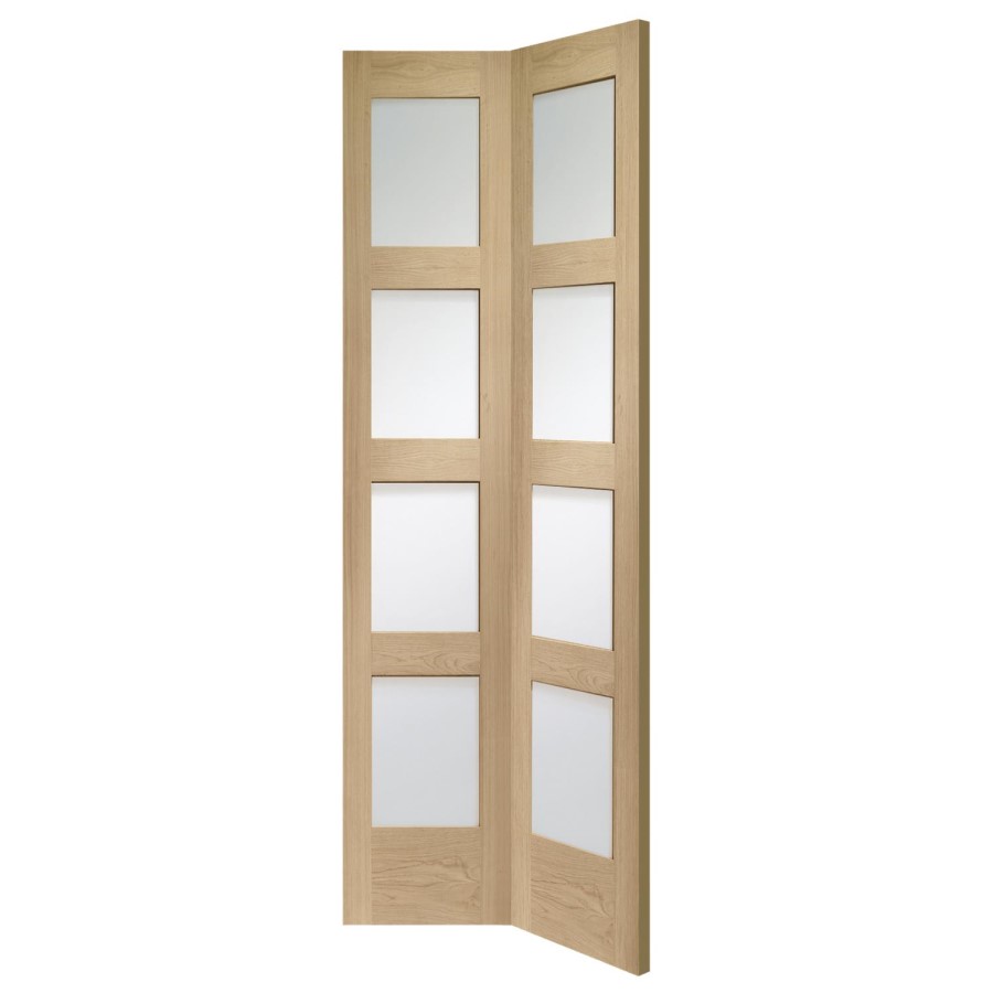 Internal Oak Shaker 4 Panel Bi-Fold Door with Clear Glass - Unfinished, 1981 x 762 x 35 mm