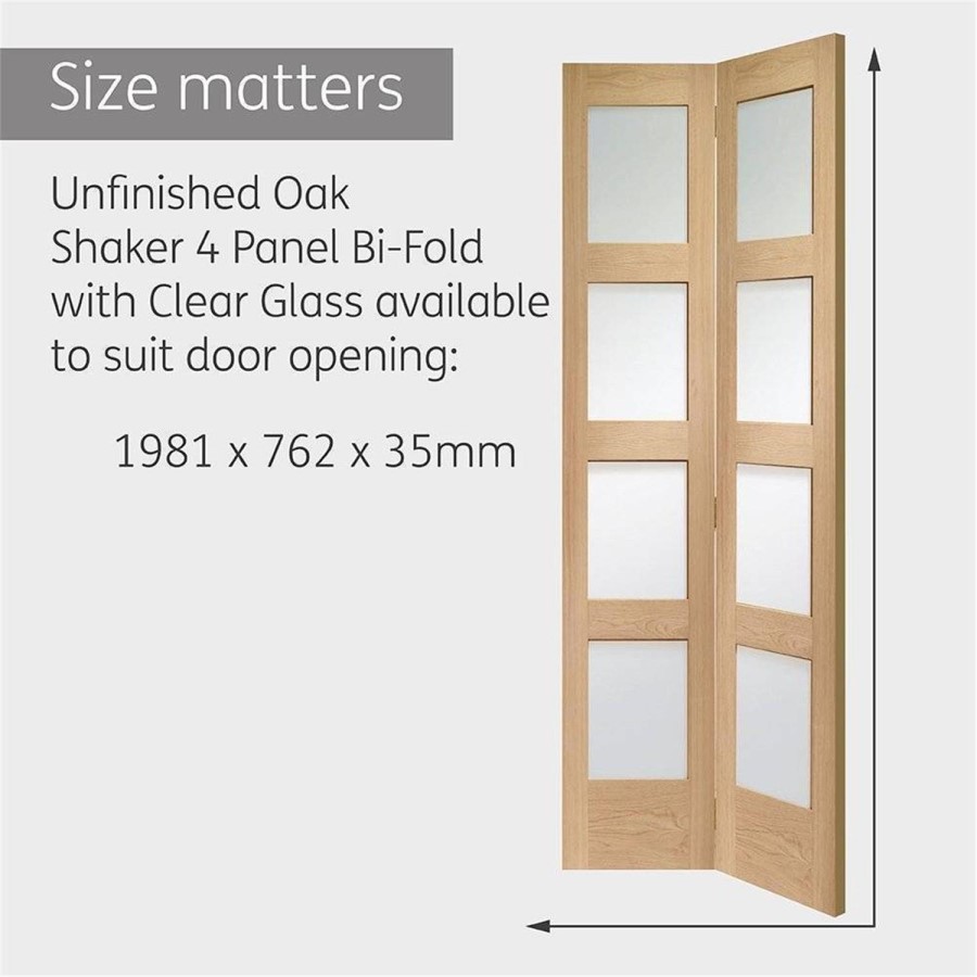 Internal Oak Shaker 4 Panel Bi-Fold Door with Clear Glass - Unfinished, 1981 x 762 x 35 mm