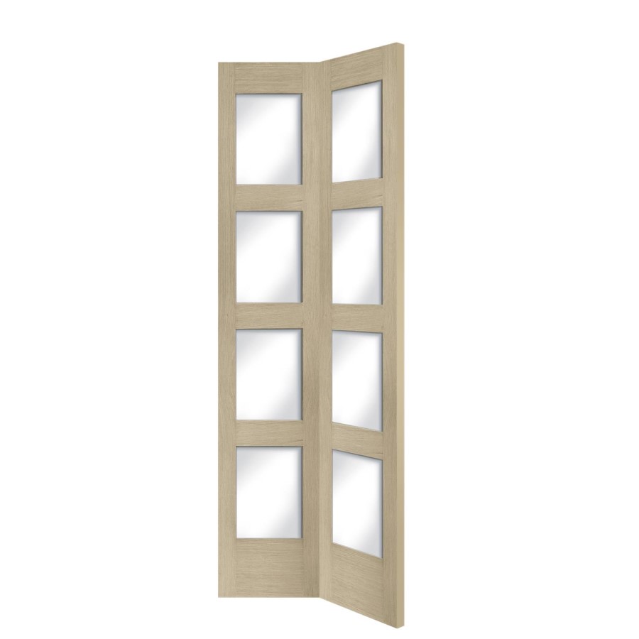 Internal Oak Shaker 4 Panel Bi-Fold Door with Clear Glass - Unfinished, 1981 x 762 x 35 mm