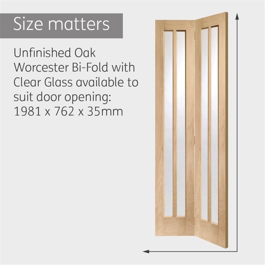 Worcester Internal Oak Bi-Fold Door with Clear Glass - Unfinished, 1981 x 762 x 35 mm