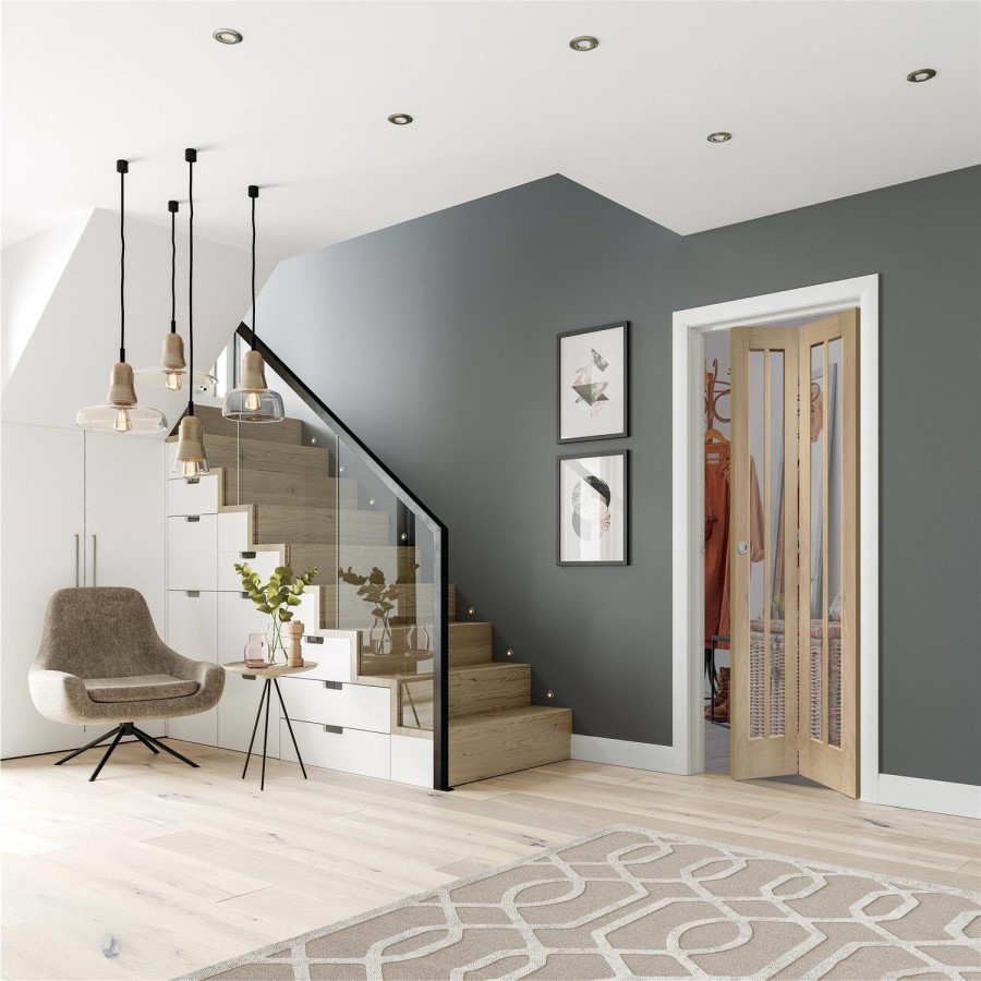 Worcester Internal Oak Bi-Fold Door with Clear Glass - Unfinished, 1981 x 762 x 35 mm