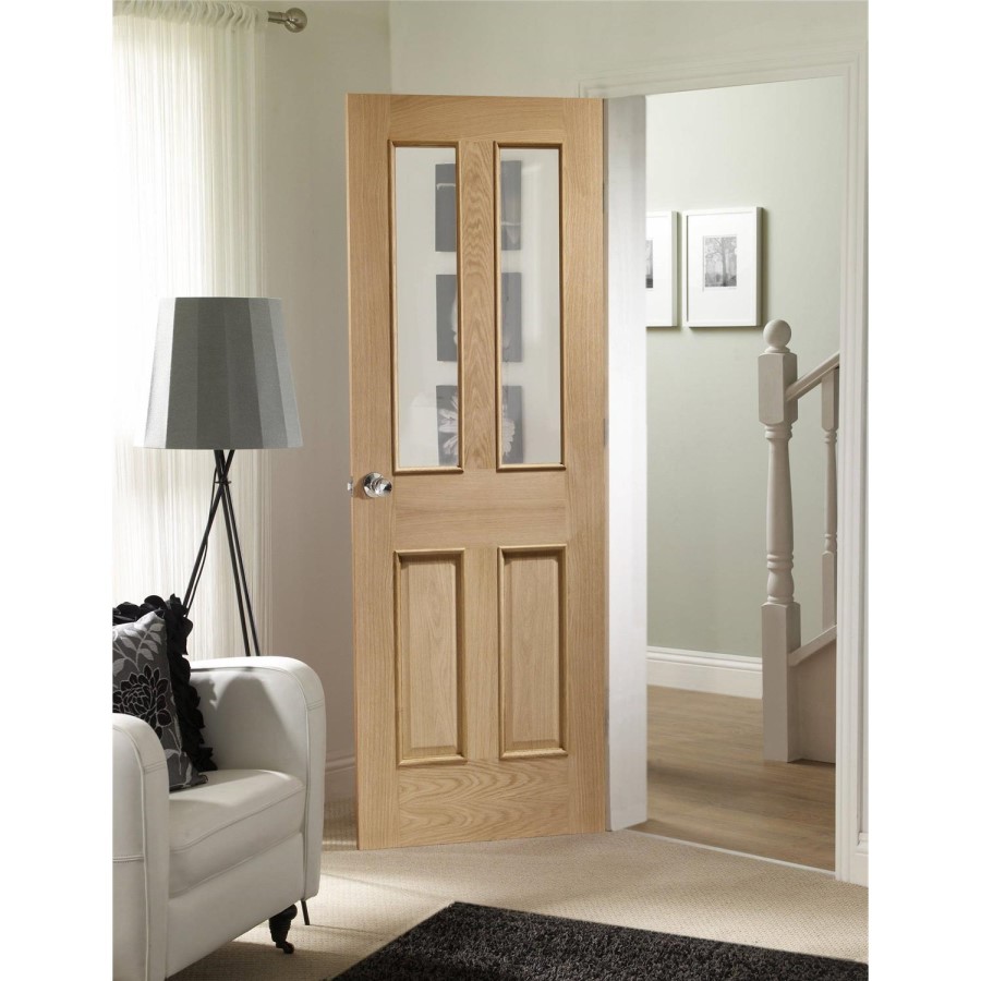 Malton With Raised Mouldings Internal Oak Door with Clear Bevelled Glass - Unfinished, 1981 x 762 x 35 mm