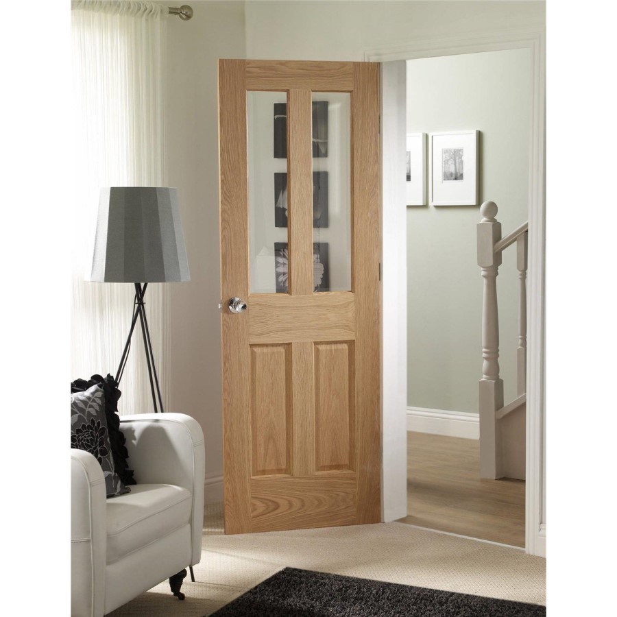 Internal Oak Glazed Victorian 4-Panel Door with Clear Bevelled Glass - Unfinished - 2040 x 626 x 40mm - Victoria - XL Joinery