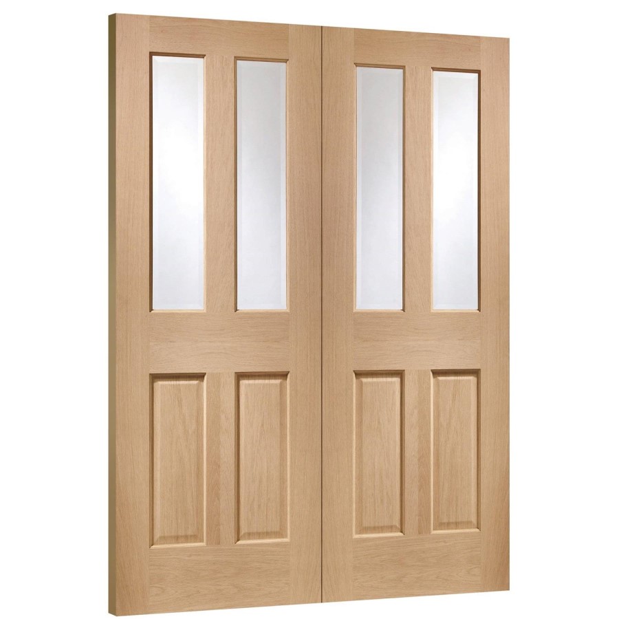 Internal Oak Glazed Victorian 4-Panel French Doors with Clear Bevelled Glass - Unfinished - 1981 x 1168 x 40mm - Victoria - XL Joinery