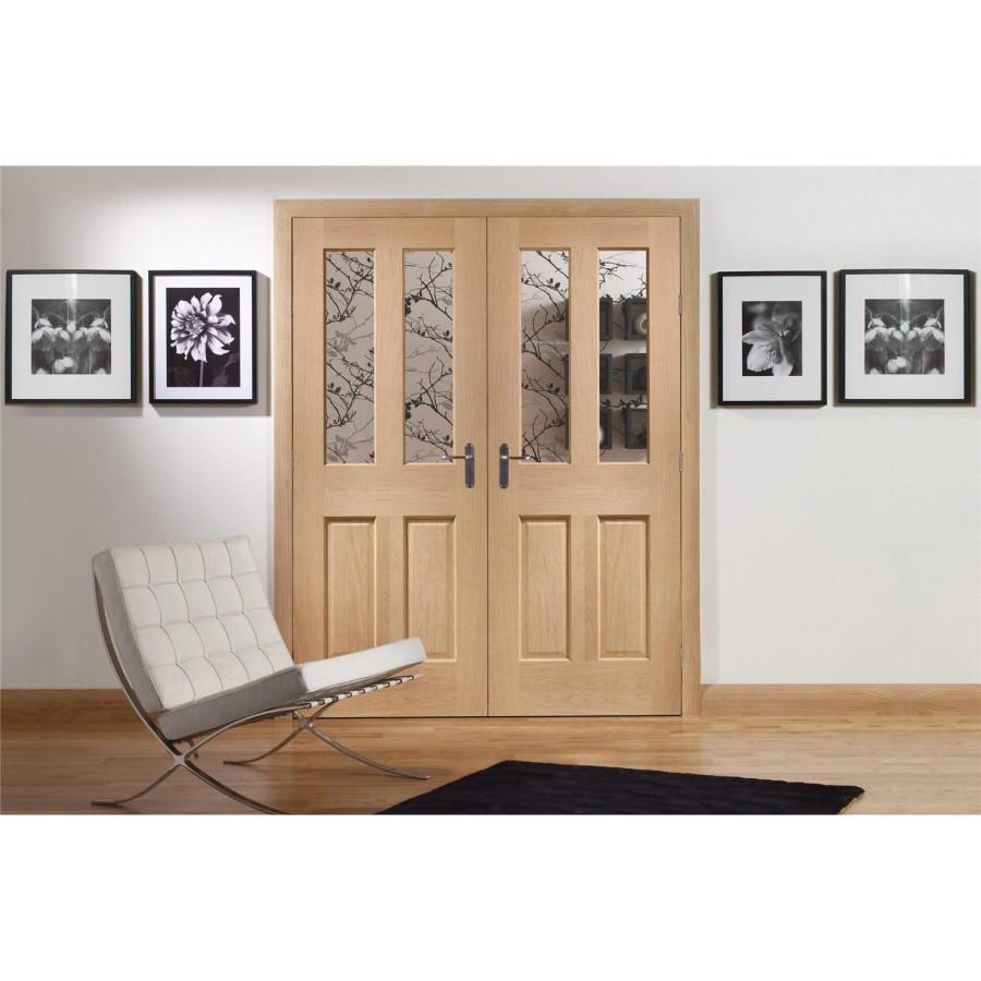 Internal Oak Glazed Victorian 4-Panel French Doors with Clear Bevelled Glass - Unfinished - 1981 x 1372 x 40mm - Victoria - XL Joinery