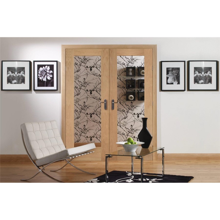 Internal Oak Fully-Glazed French Doors with Opaque Glass - Unfinished - 1981 x 1168 x 40mm - Pattern 10 - XL Joinery