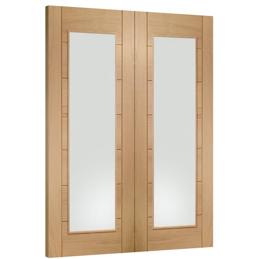 Palermo Internal Oak Rebated Door Pair with Clear Glass - Unfinished, 1981 x 1067 x 40 mm