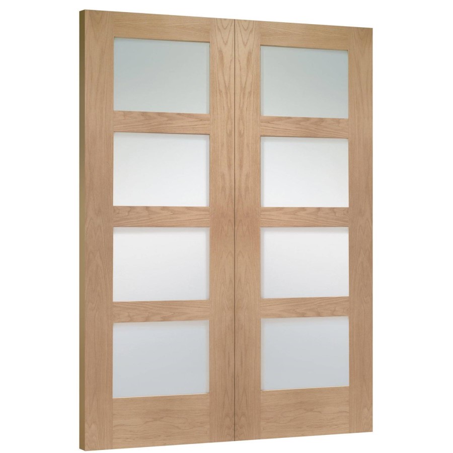 Internal Oak Glazed 4-Panel Shaker French Doors with Clear Glass - Unfinished - 1981 x 1067 x 40mm - 4 Light - XL Joinery