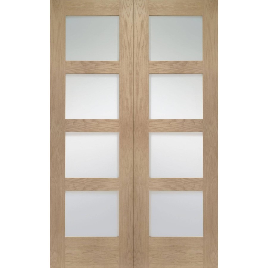 Internal Oak Glazed 4-Panel Shaker French Doors with Clear Glass - Unfinished - 1981 x 1372 x 40mm - 4 Light - XL Joinery
