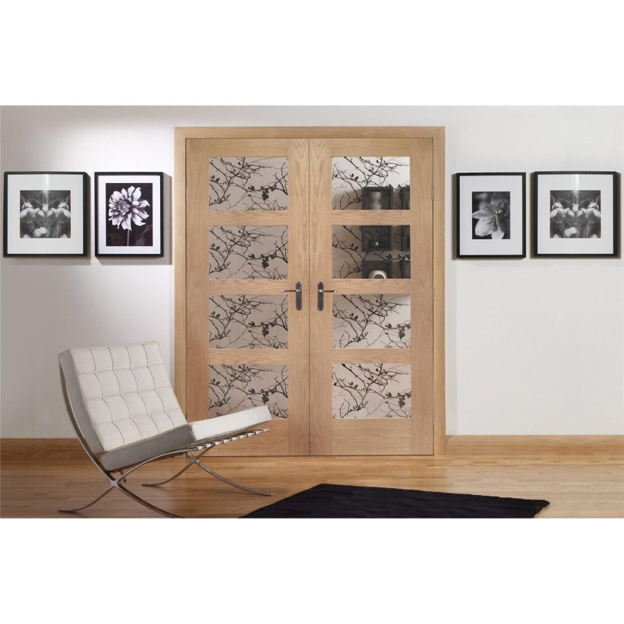 Internal Oak Glazed 4-Panel Shaker French Doors with Clear Glass - Unfinished - 1981 x 1524 x 40mm - 4 Light - XL Joinery