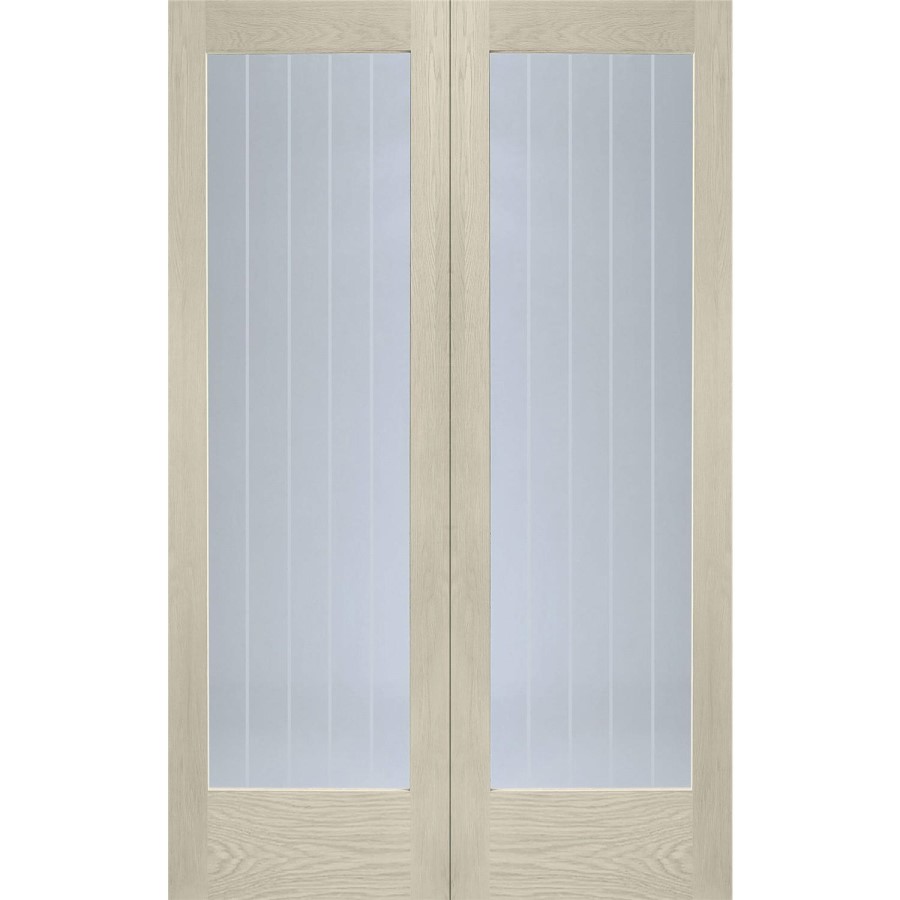 Internal Oak Suffolk Pattern 10 Pair with Clear Etched Glass - Unfinished, 1981 x 1168 x 40 mm