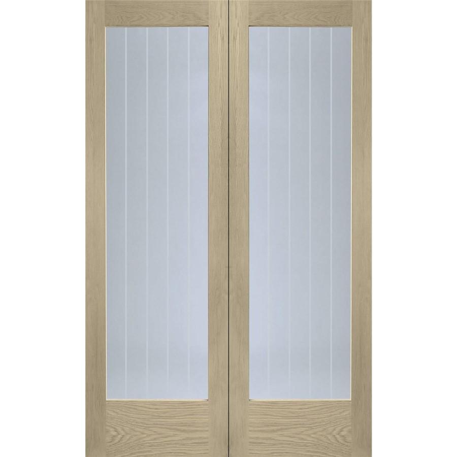 Internal Oak Suffolk Pattern 10 Pair with Clear Etched Glass - Unfinished, 1981 x 1168 x 40 mm