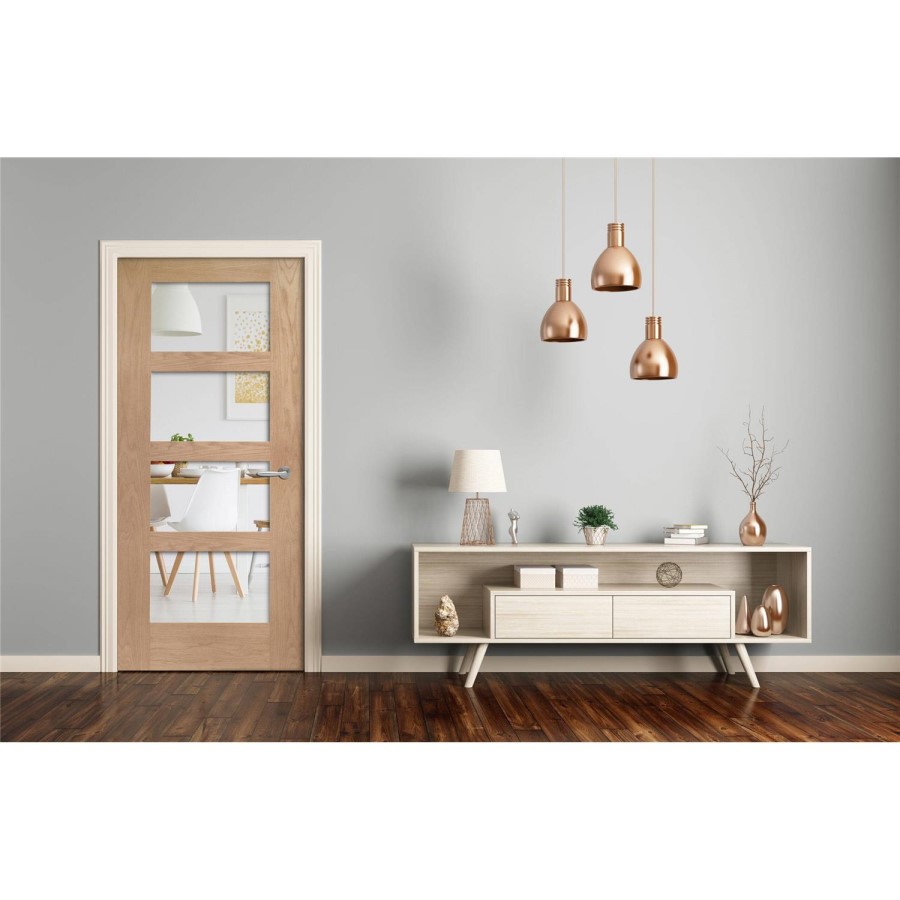 Internal Oak Shaker 4 Panel Fire Door with Clear Glass - 1981 x 762 x 44 mm, Unfinished