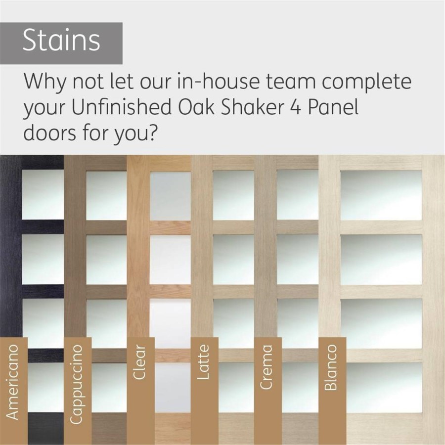 Internal Oak Shaker 4 Panel Door with Clear Glass - Unfinished, 2032 x 813 x 35 mm