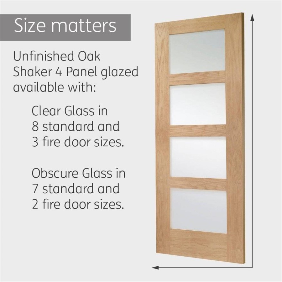 Internal Oak Glazed 4-Panel Shaker Door with Opaque Glass - Unfinished - 2032 x 813 x 35mm - 4 Light - XL Joinery