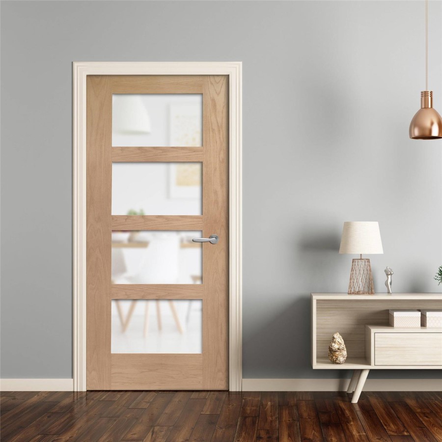 Internal Oak Shaker 4 Panel Fire Door with Obscure Glass - 1981 x 838 x 44 mm, Unfinished