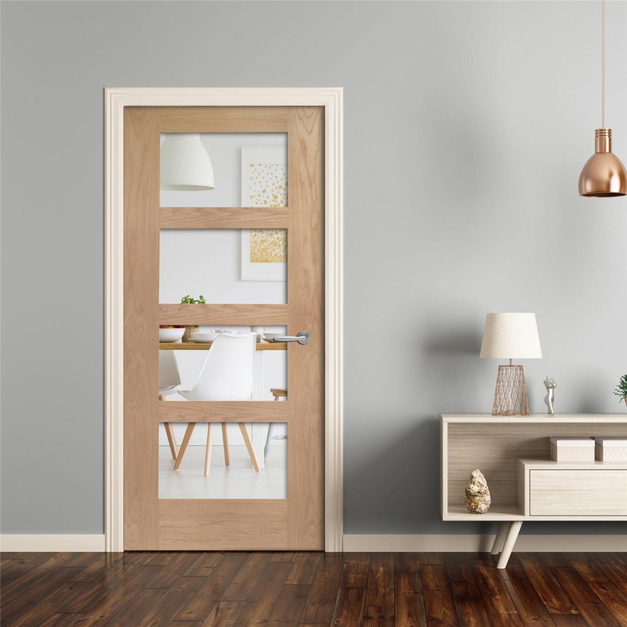 Internal Oak Shaker 4 Panel Door with Clear Glass - Unfinished, 1981 x 838 x 35 mm
