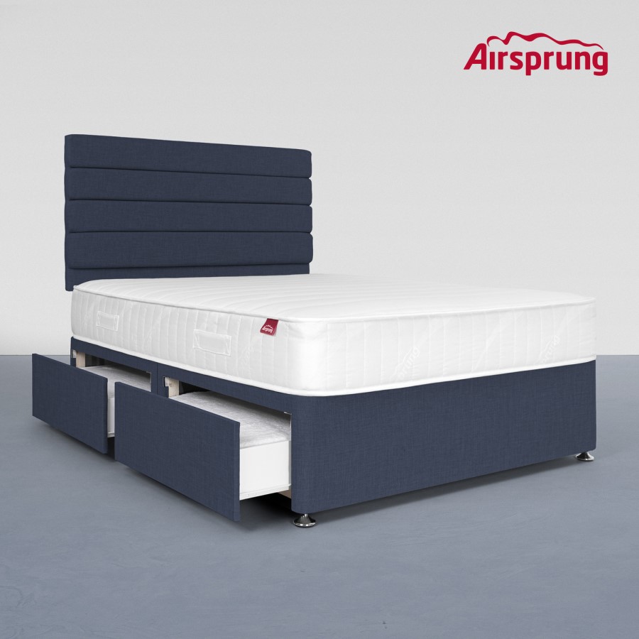 Airsprung King SIze 4 Drawer Divan Bed with Hybrid Mattress - Midnight Blue