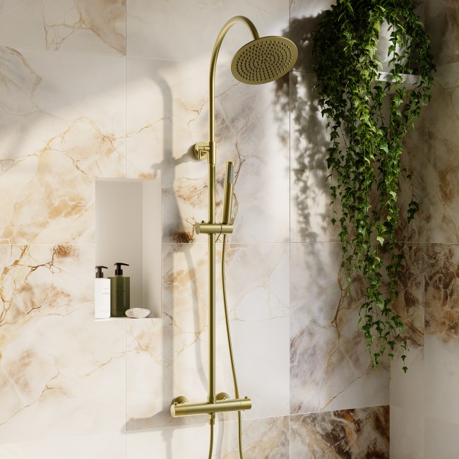 Brushed Brass Round Gooseneck Thermostatic Bar Shower Set with Hand Shower & Slide Rail Kit - Grace