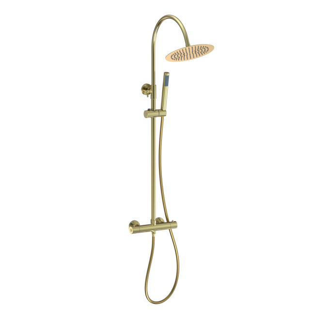 Brushed Brass Round Gooseneck Thermostatic Bar Shower Set with Hand Shower & Slide Rail Kit - Grace