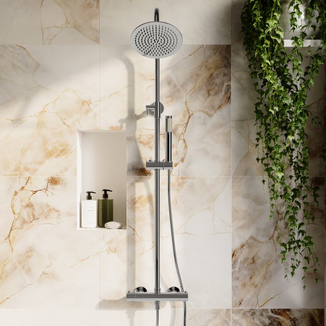 Chrome Round Gooseneck Thermostatic Bar Shower Set with Hand Shower & Slide Rail Kit - Grace