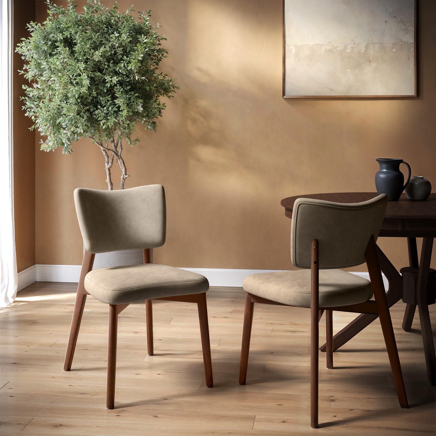 Set 2 Faux Leather Dining Chairs Walnut Legs