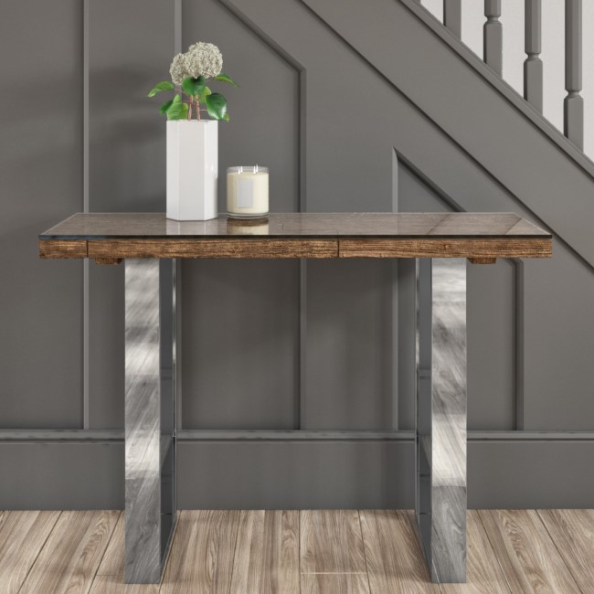 Rustic Solid Wood Console Table with Metal Legs & Glass Top - Grayson