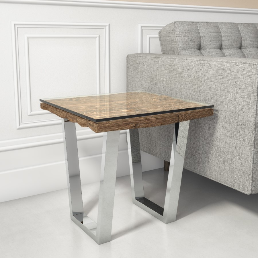 Grayson Industrial Side Table in Railway Wood with Glass Top