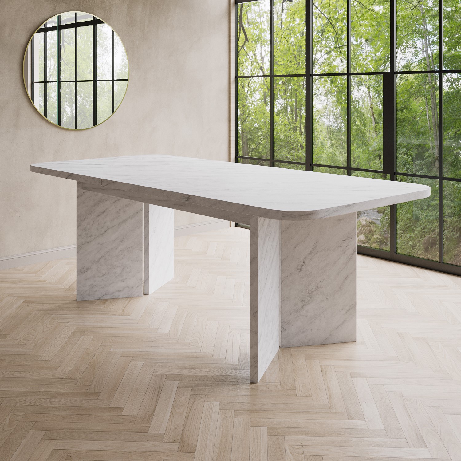 Photo of White marble effect pillar extendable dining table - geneva