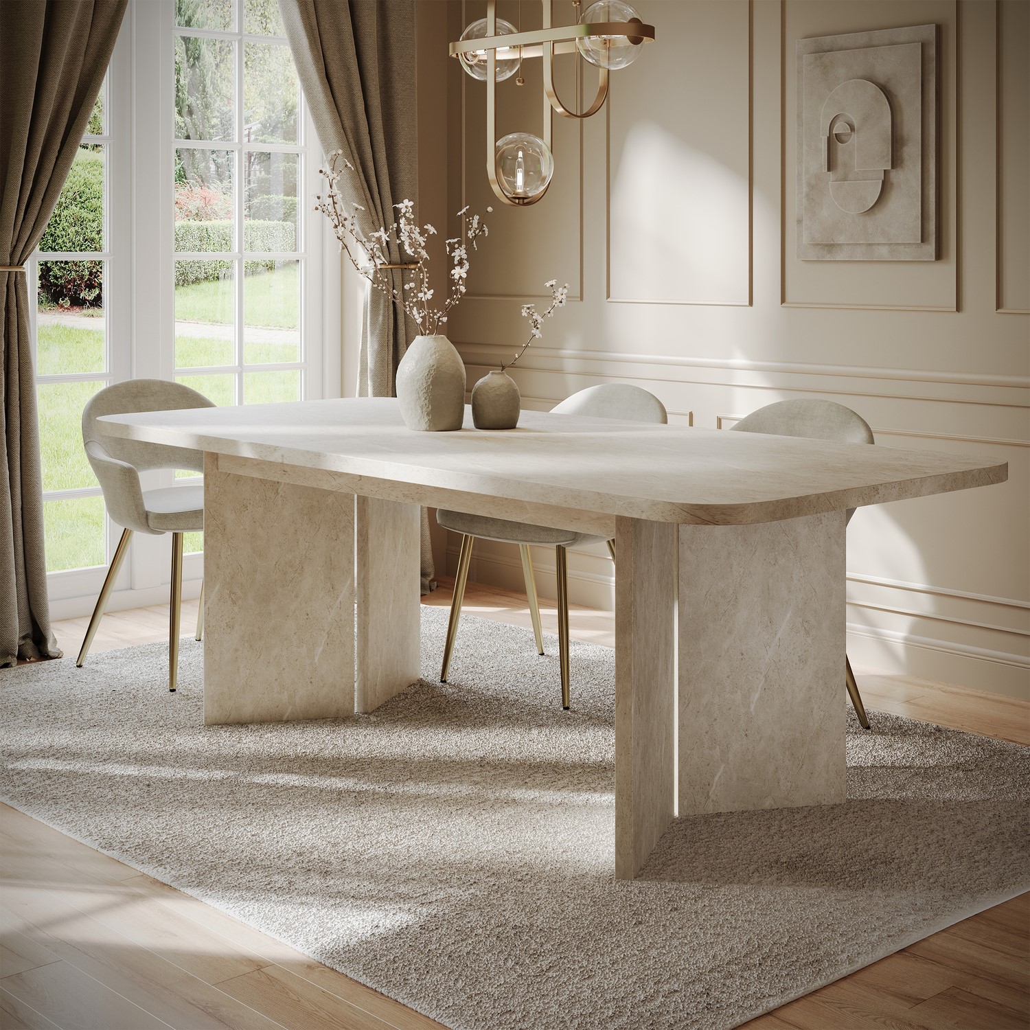 Mable Extendable Table Beige Marble Effect Pillar Extendable Dining Table - Seats 6 - 8 ...