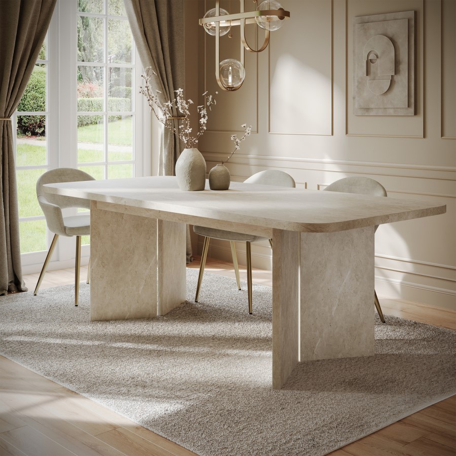 Beige Marble Effect Pillar Extendable Dining Table - Seats 6 - 8 - Geneva