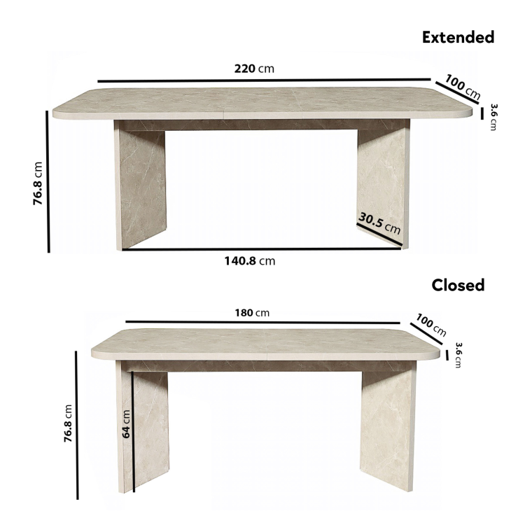 Beige Marble Effect Pillar Extendable Dining Table - Seats 6 - 8 - Geneva