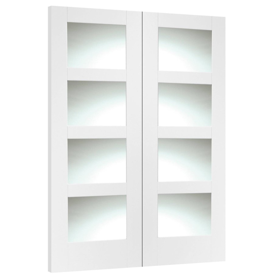 Internal White Primed Glazed 4-Panel Shaker Rebated French Doors with Clear Glass - 1981 x 1220 x 40mm - 4 Light - XL Joinery