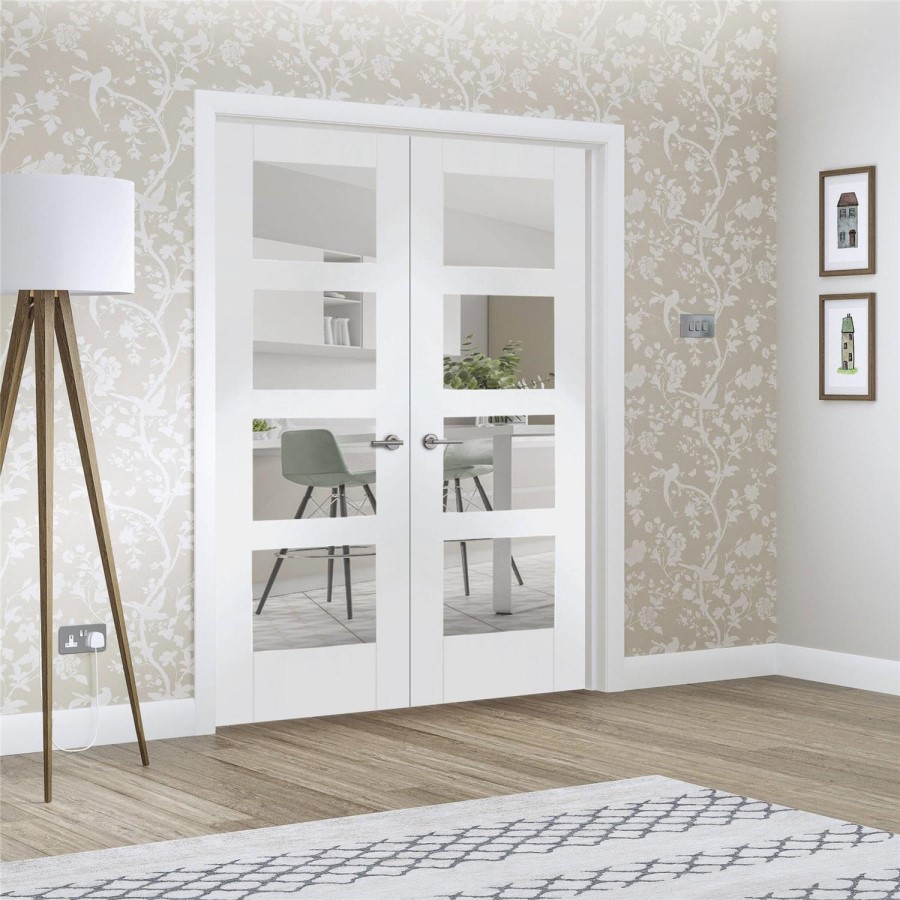 Internal White Primed Glazed 4-Panel Shaker Rebated French Doors with Clear Glass - 1981 x 1220 x 40mm - 4 Light - XL Joinery