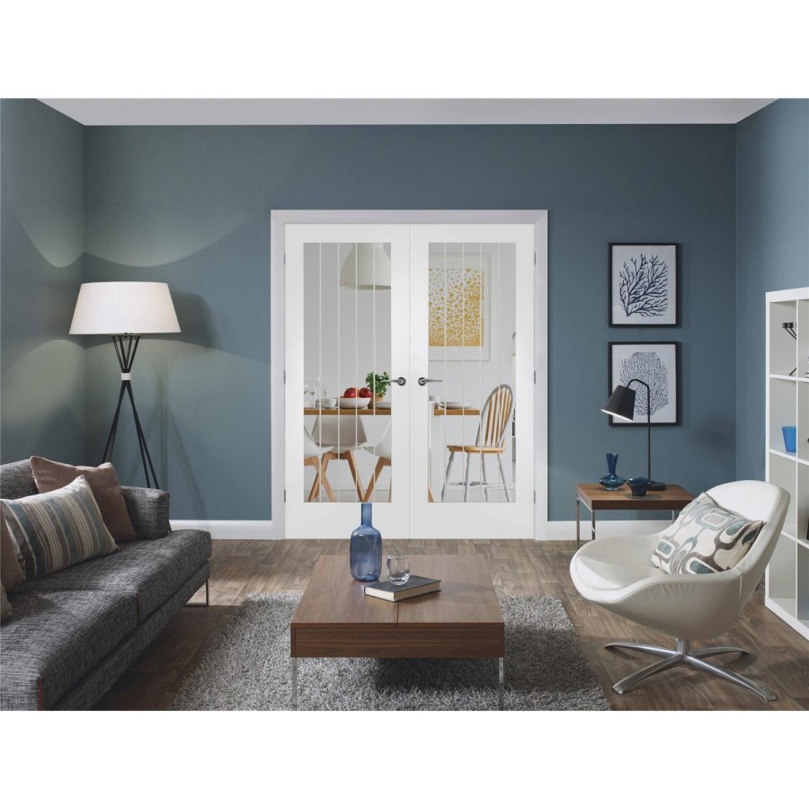 Internal White Primed Fully-Glazed Cottage Rebated French Doors with Clear Etched Glass - 1981 x 1220 x 40mm - Suffolk - XL Joinery