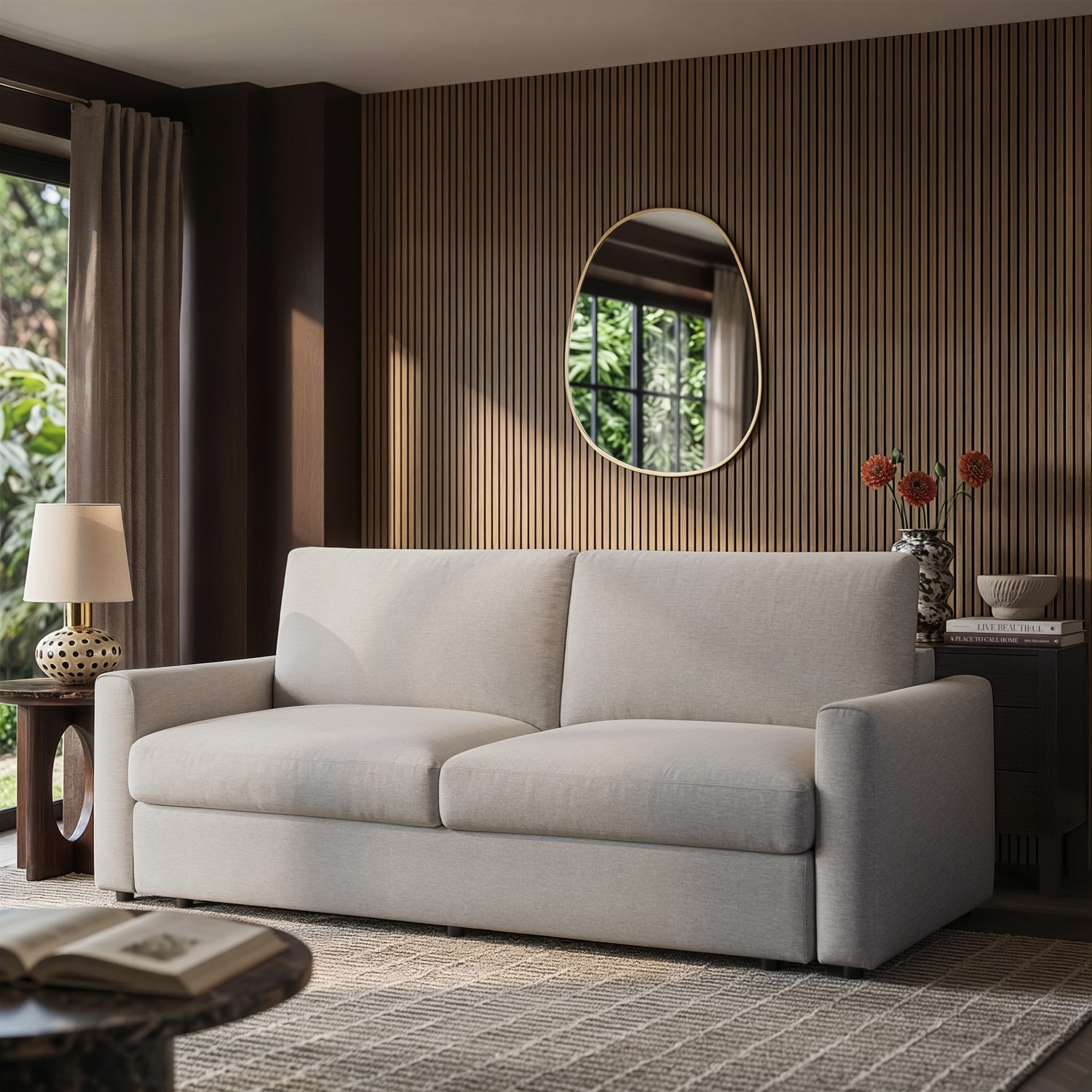 4 Seater King Size Pull-Out Sofa Bed with Storage in Beige Chenille - Grayson