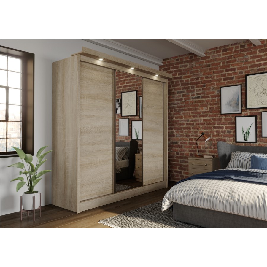 Oslo Sliding Oak & Mirrored Wardrobe with Lights - Evana