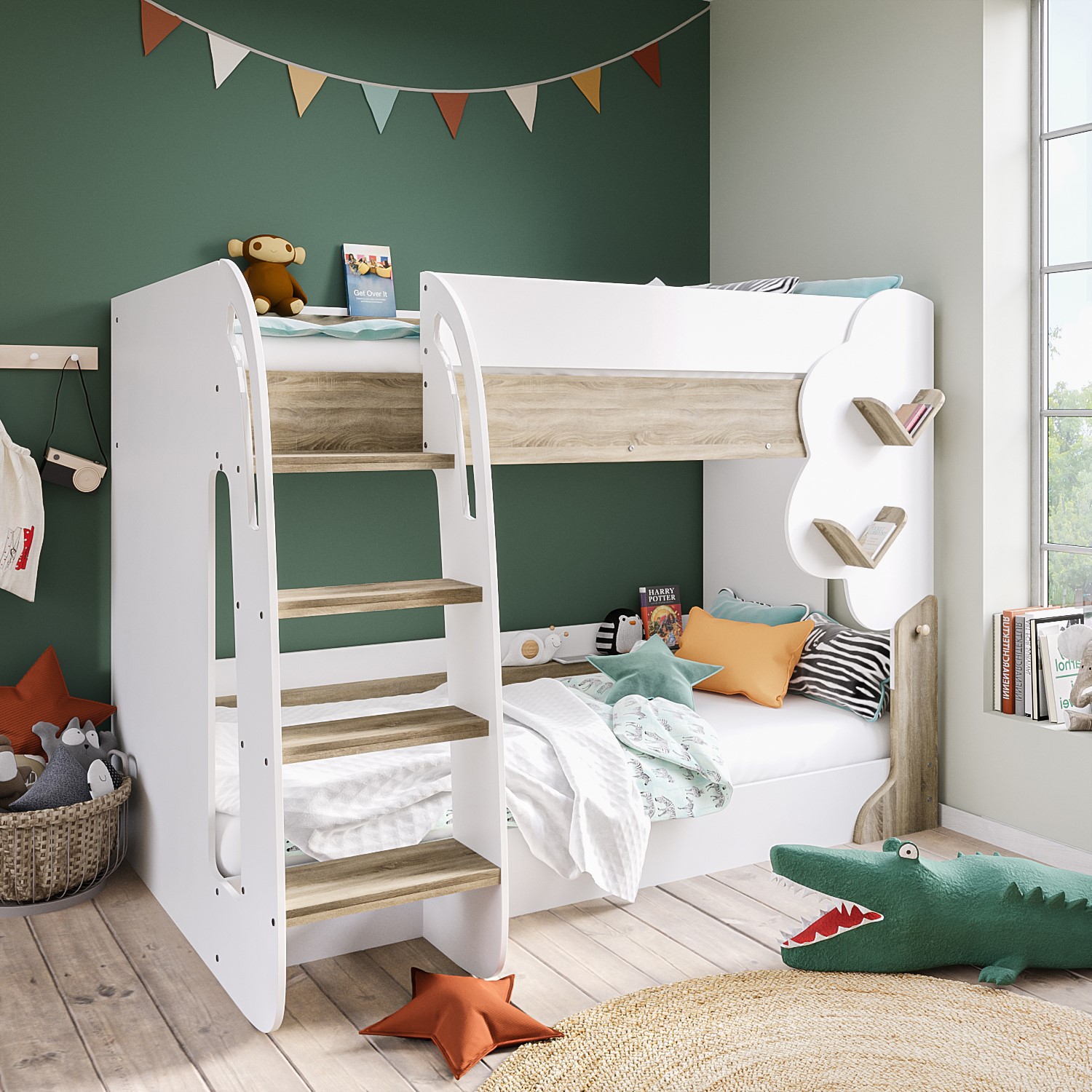 Photo of White and oak tree bunk bed with shelves - hadley