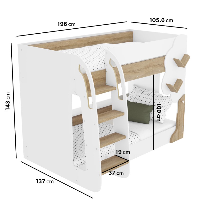 White and Oak Tree Bunk Bed with Shelves - Hadley