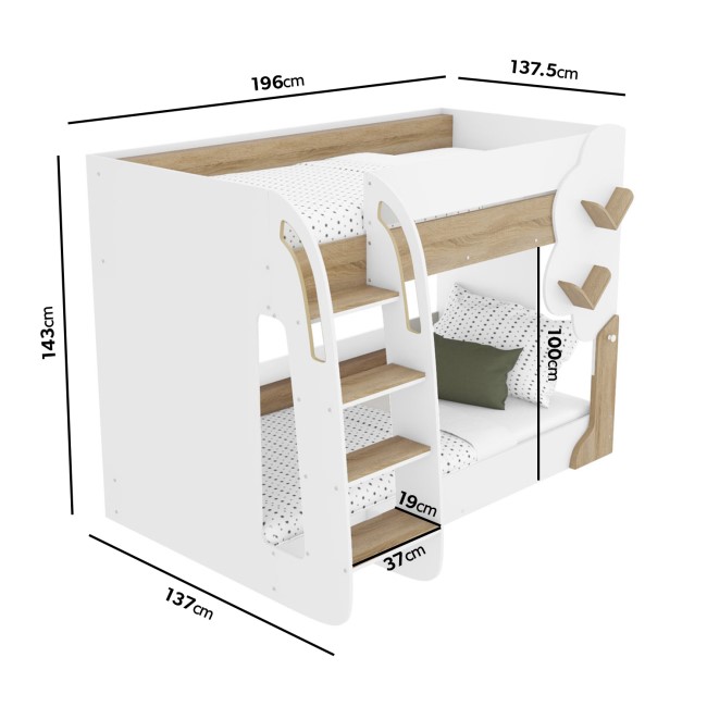 White and Oak Tree Bunk Bed with Shelves - Hadley 