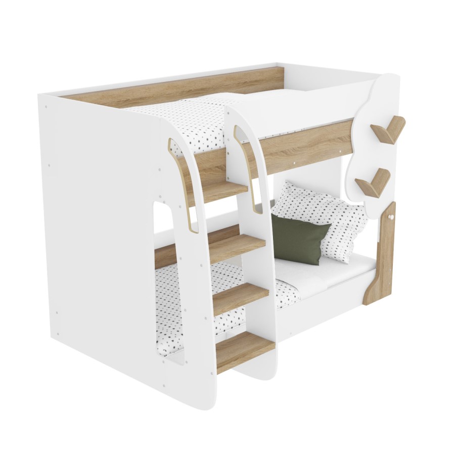 White and Oak Tree Bunk Bed with Shelves - Hadley
