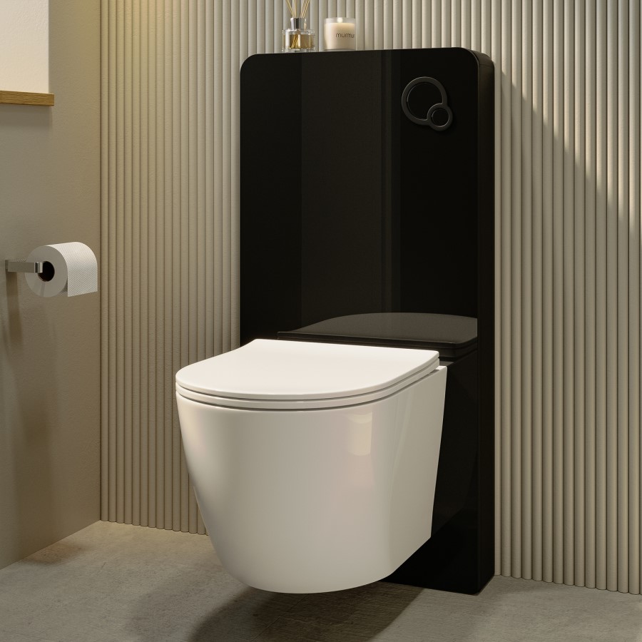 Black Glass Cabinet with Cistern, Frame & Pneumatic Dual Flush Button for Wall Hung Toilets - Hako
