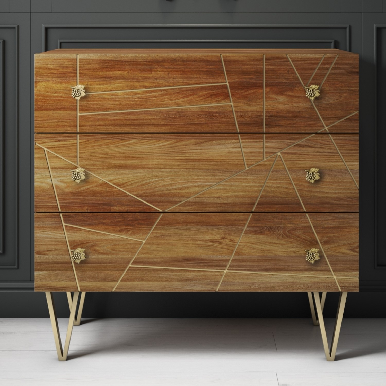Halo 3 Drawer Chest of Drawers with Brass Inlay in Natural Honey