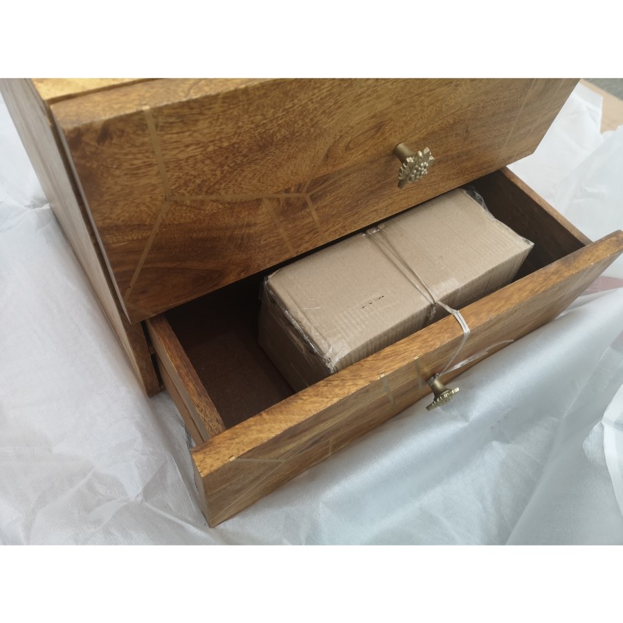 GRADE A2 - Halo 2 Drawer Bedside Table with Brass Inlay in Natural Honey 